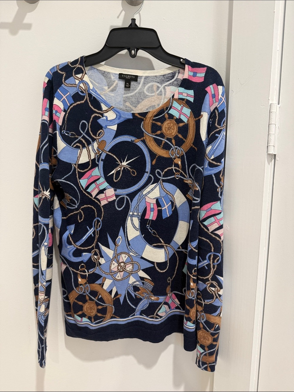 Talbots Navy Blue Nautical Print Sweater with Pink and Brown Accents